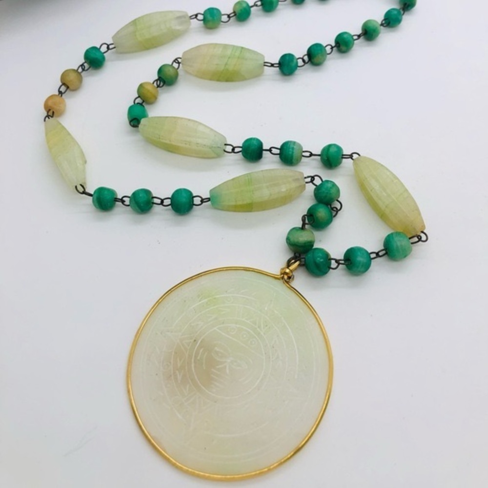 Vintage stone necklace etched large sun pendant
